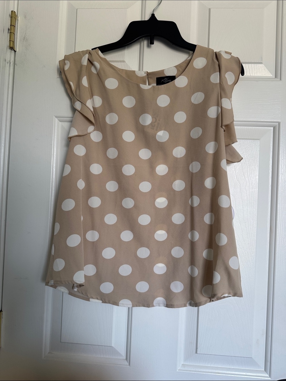 Polka Dot Ruffle Sleeve Blouse - Beige/White